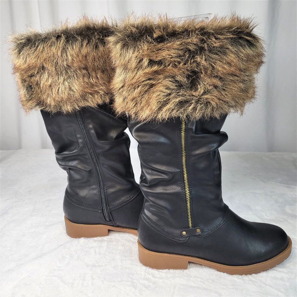 * Furry Black Matte Faux Fur Fold Over Cuff Winter Mid Calf Boots